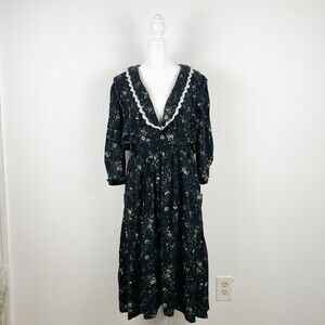 70's/80's Black Bouquet Floral Midi Dress Scalloped Neckline